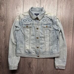 Chaps Aztec Denim Womens Large Light Wash Embroidered Trucker Ralph LaurenJacket